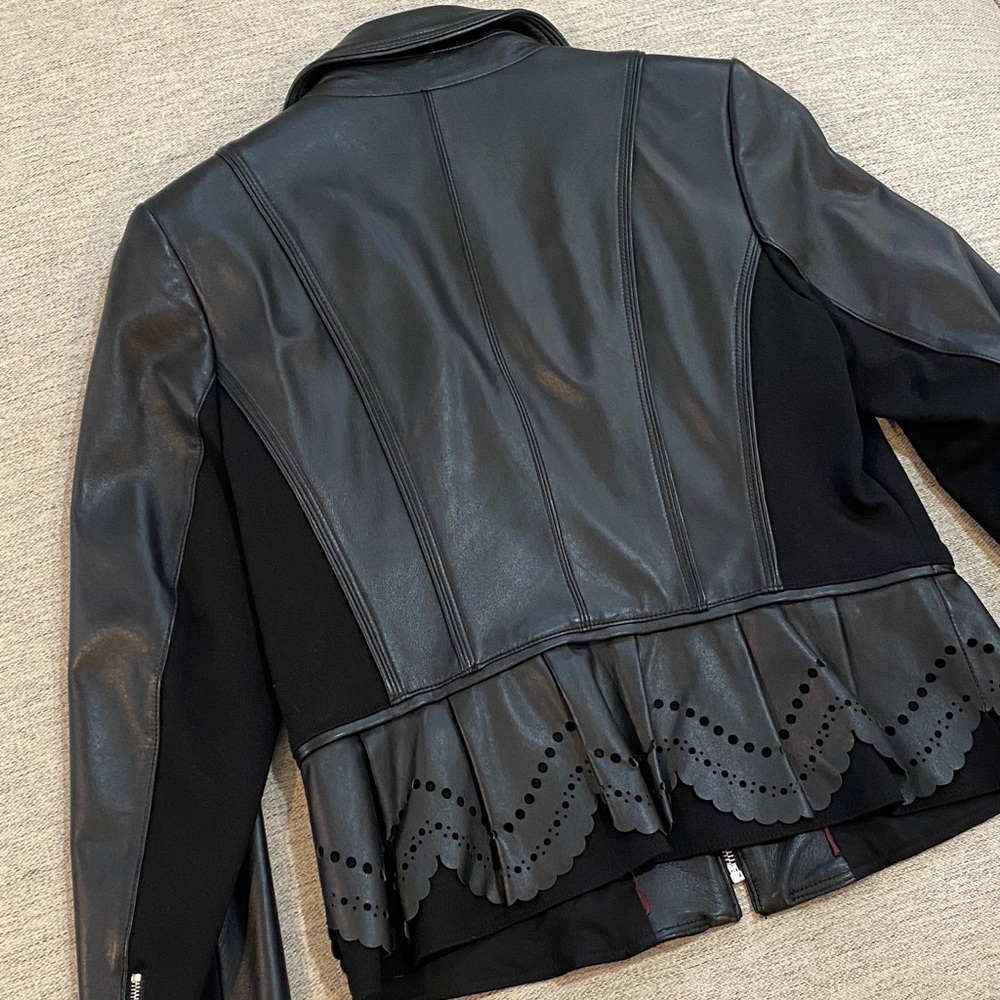 WHBM Black Leather Jacket with Scalloped Detail - Picture 9 of 9